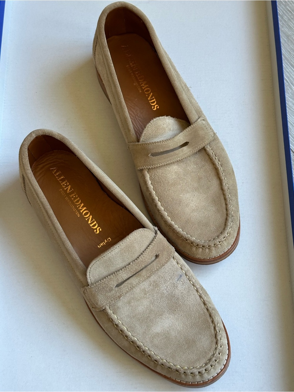 Allen Edmonds Men's Tan Suede Penny Loafers - Picture 11 of 16